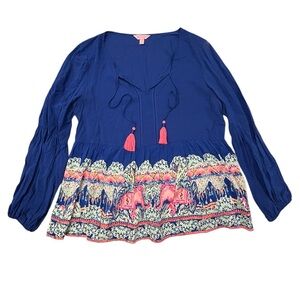 Lilly Pulitzer Kahli Blue Babydoll Tassel Long Sleeve Boho Blouse Medium Rayon